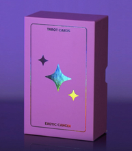 Load image into Gallery viewer, Exotic Cancer Tarot box standing upright with front view on a gradient purple background