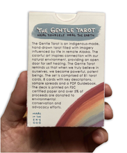 Load image into Gallery viewer, The Gentle Tarot linen edition with a hand holding the box and the back text of the box clearly readable all on a white background
