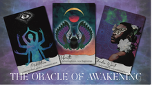 Load image into Gallery viewer, The Oracle of Awakening three cards from the deck with the title benieath displayed on a purple background