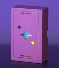 Load image into Gallery viewer, Exotic Cancer Tarot box standing upright with front view on a gradient purple background
