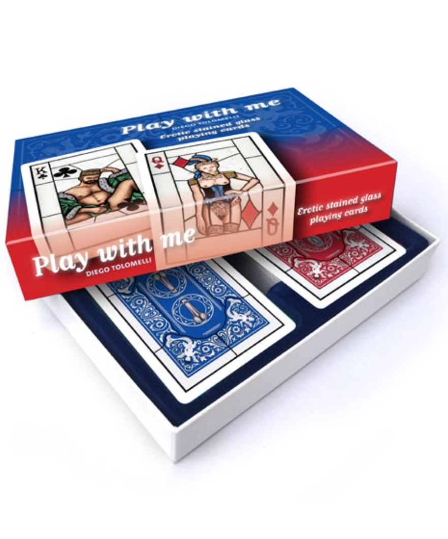 Play with me Erotic Playing cards half open box showing cards decks in the box on plain white background