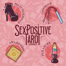 Load image into Gallery viewer, Sex Positive Tarot logo centered with minor arcana symbols in the four corners all on a printed pink background
