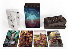 Load image into Gallery viewer, Tarot of the Divine Masculine display with guide book, box, stacked cards and four forward facing cards

