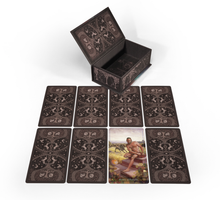 Load image into Gallery viewer, Tarot of the Divine Masculine 8 cards in a grid layout with open box shown on a white background
