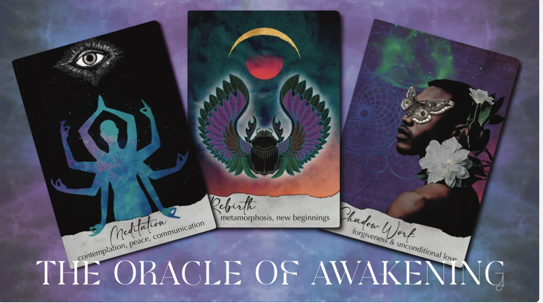 The Oracle of Awakening three cards from the deck with the title benieath displayed on a purple background