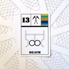 Load image into Gallery viewer, The Vitriolic Tarot Death card set on top of back facing cards
