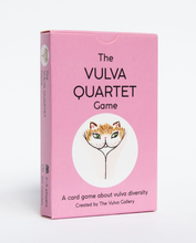 Load image into Gallery viewer, Close up of the Vulva Quartet game box standing up on a white background
